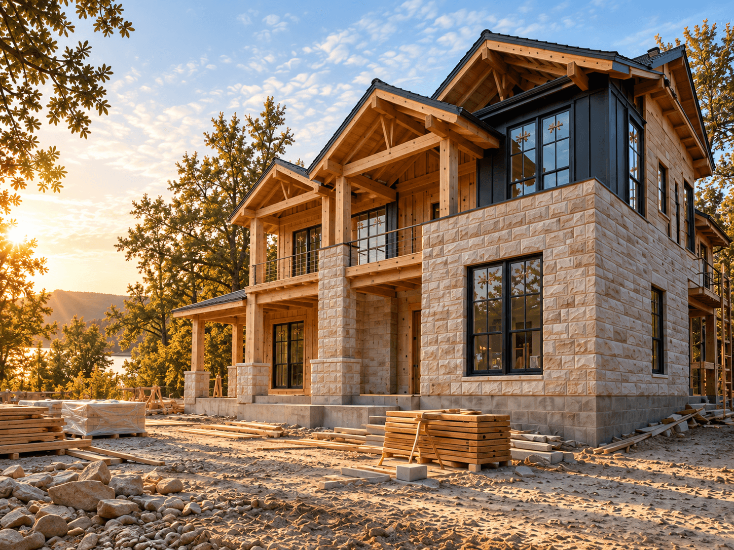 A stone and timber residential home under construction