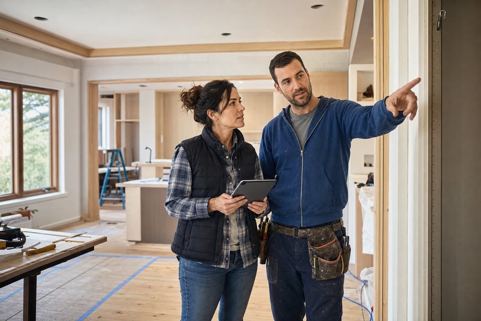 A project manager and site superintendent coordinating an active home renovation