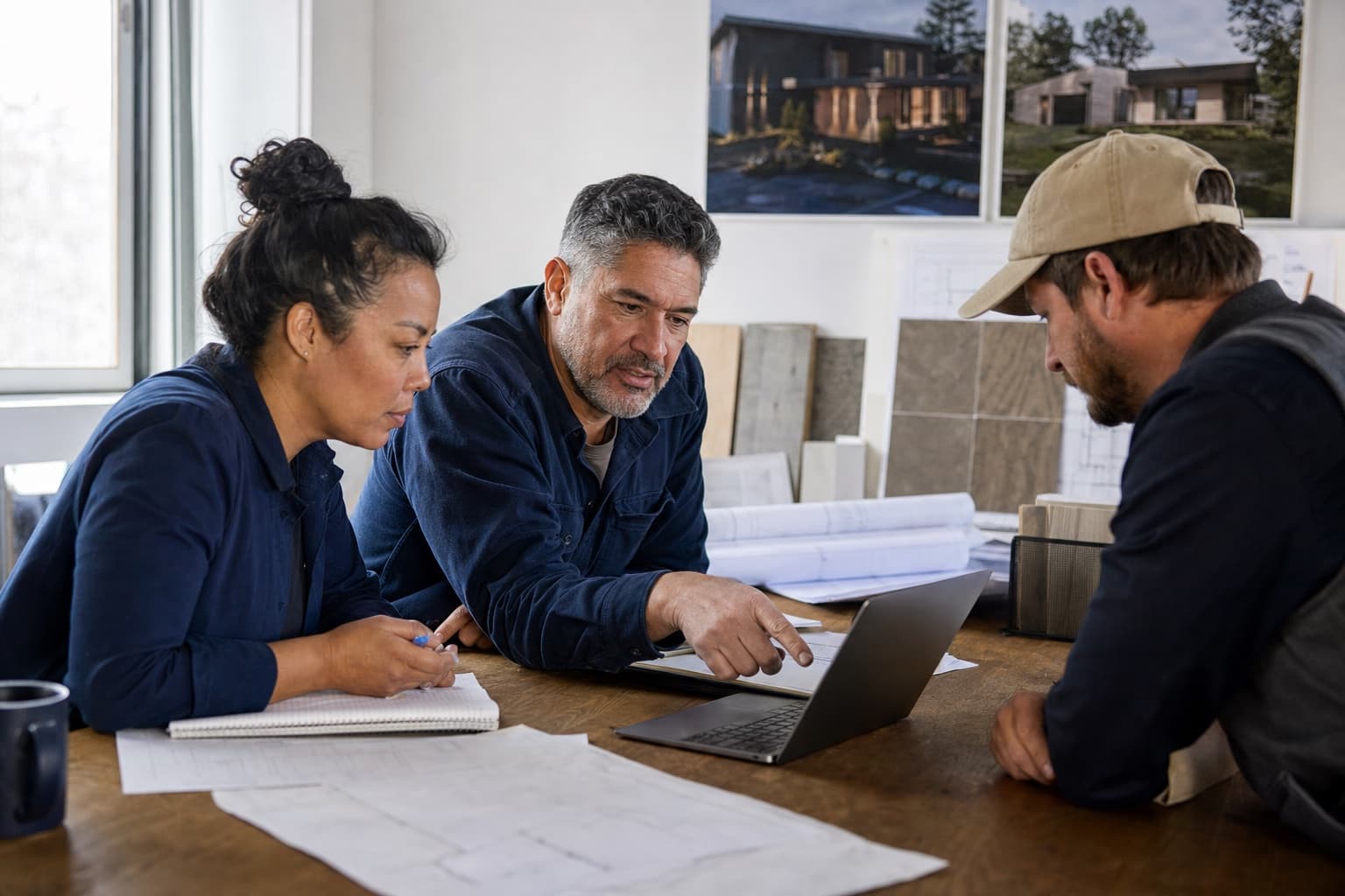 A residential construction team planning work together